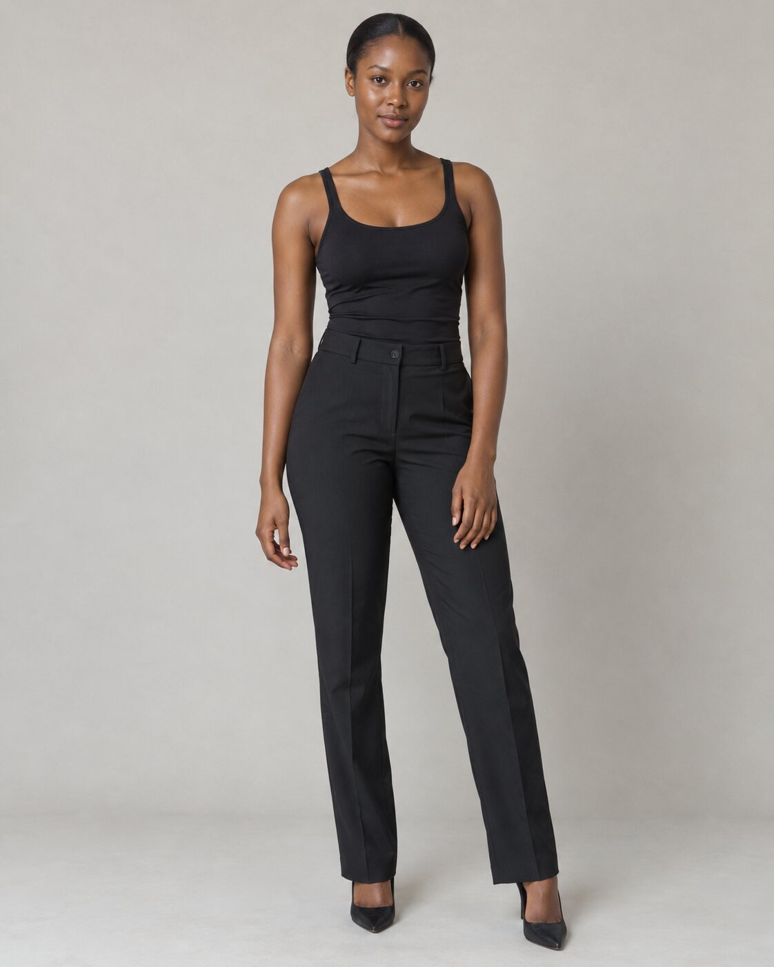 Full-length front view in a simple black outfit, generated portfolio reference
